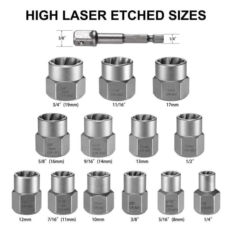 14 Counts Bolt Extractor Tool Set, Impact & Nut Remover, Stripped Lug Remover, Drive Rounded Bolt Remover, Damaged Frozen Universal Impact Bolt