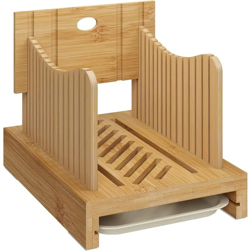 Bamboo Bread Slicer with 3 Adjustable Width Guides, Crumb Tray and Wooden Cutting Board, Easy Slicing for Homemade Bread and Bagels, Crumb Tray & Non-Slip Grips,Middle