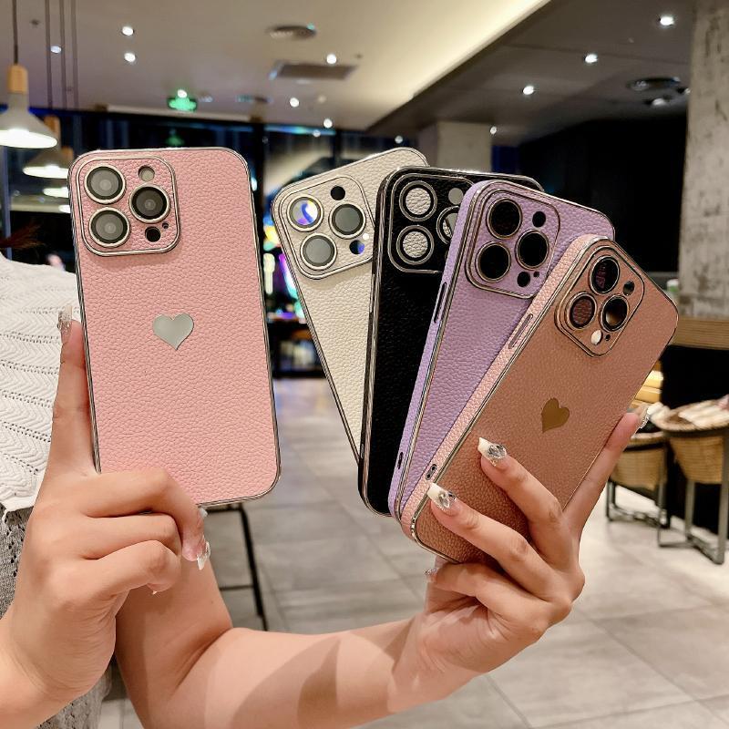 Luxury Solid Color Leather Plating Border Love Logo Phone Case For iPhone 16 Pro Max 14 11 12 13 15 Pro Max Bumper Back Cover