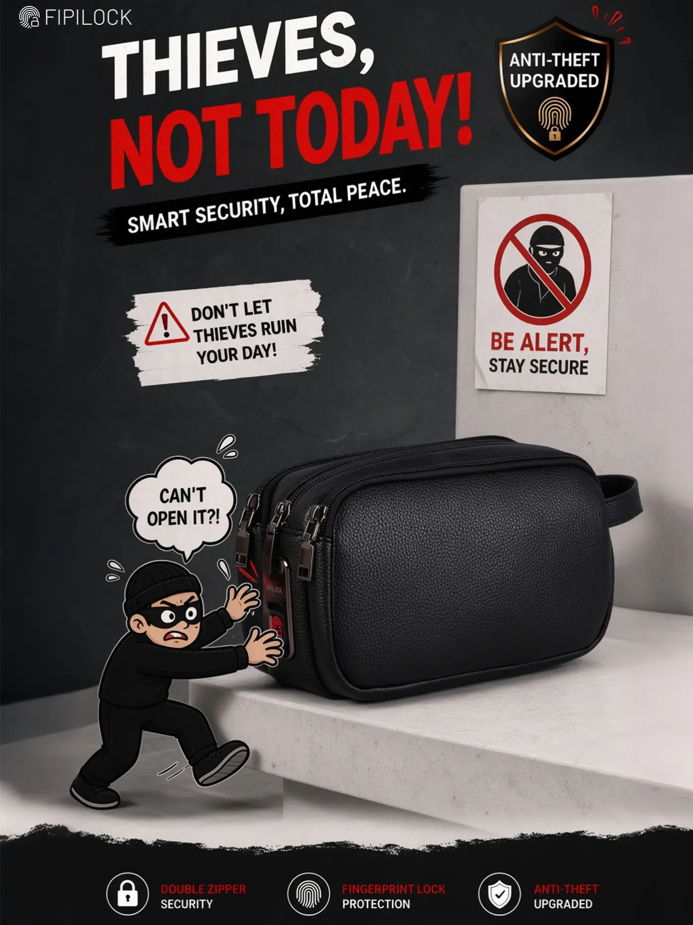 Smart Anti-Theft Men's Handbag with Fingerprint Lock, Three Zipper Pockets, Business Clutch Bag, Wallet Clutch, Birthday Gift, Valentine's Day Present, Men Gifts