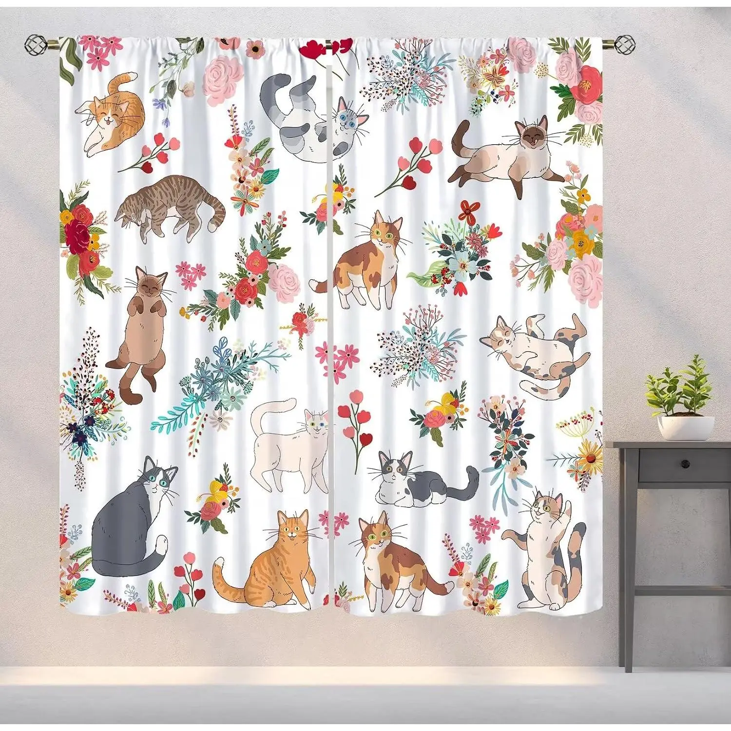 Cute Cat Floral Art Printed Polyester Blackout Curtains - 20% Shading, 2-Panel Set (42x45 in), Kids Room Decor Window Treatment for Cat Lovers