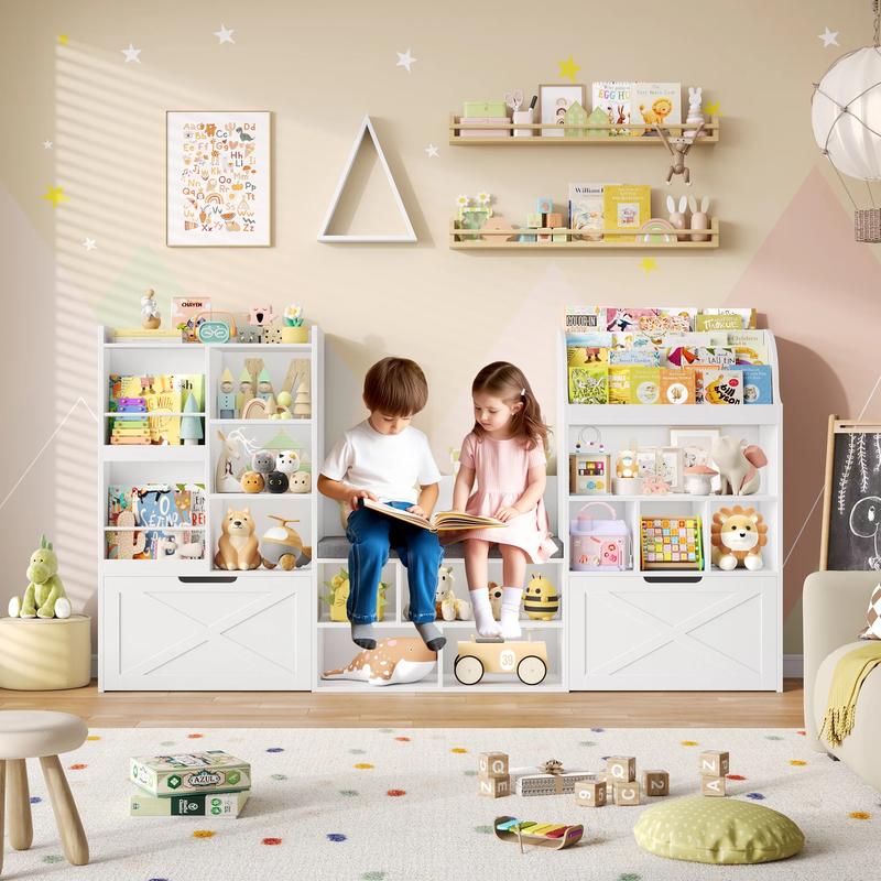 FOTOSOK Kids Bookshelf with Reading Nook, 75" W Kids Toy Storage Organizer with 2 Large Movable Drawers, Kid Bench for Playroom Kids Room Living Room