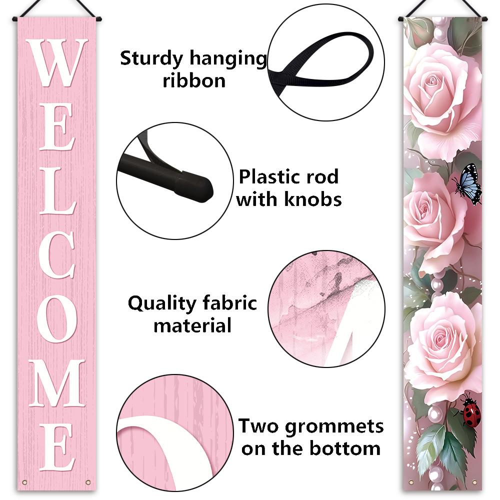 1 Pair 2D Flat Banners, Yard Sign Banner, Spring-Themed Front Door Porch Sign Party Banners with "WELCOME" Lettering, Pink Rose Design, Polyester, Suitable for Spring Parties, Home, Indoor/Outdoor Celebrations, Hanging Decorations