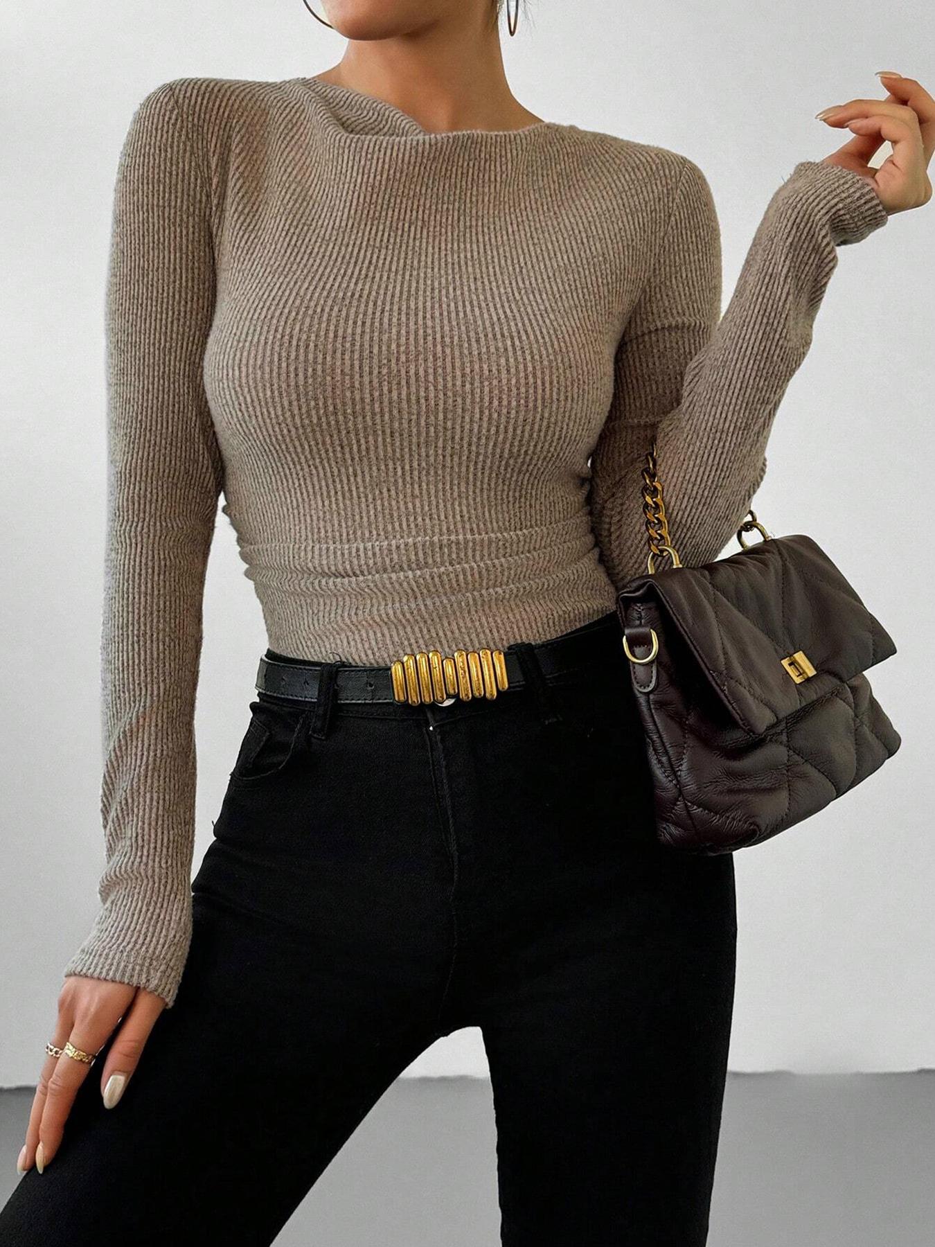 Women's Fall Winter Textured Knit Long Sleeve Romper Bodysuit, Sexy Slim-Fitting One-Piece, Plain Pattern, Moderate Fabric Thickness