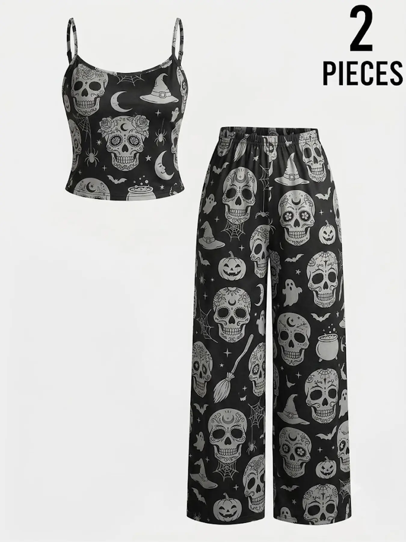 Y2K Gothic Halloween Print Two-Piece Home Set, Thin Strap Tank Top + Elastic Waist Wide Leg Pants, Witch Pumpkin Ghost Sleepwear, Pajamas