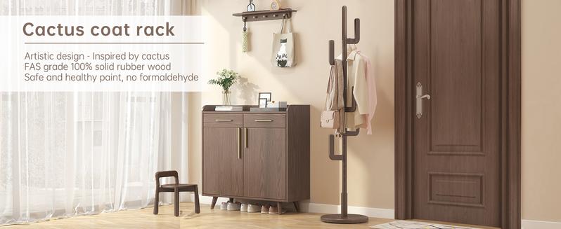 【Summer】Solid Wood Cactus Coat Rack Freestanding, Adjustable Height Wooden Coat Rack Stand with 6 Hooks, Unique Design Coat Tree for Entryway, Bedroom,Coats,Bags