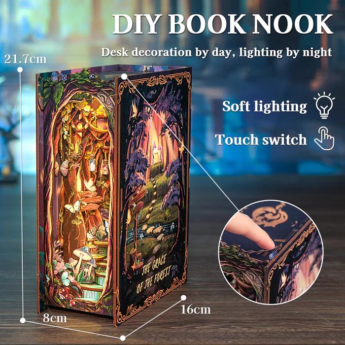 CUTEBEE The Grace of The Forest DIY 3D Book Nook Kit Miniature House Dollhouse with Unicorn Handmade Creative Toy for Teens & Adults Holiday Christmas Gift Bookshelf Insert Decor