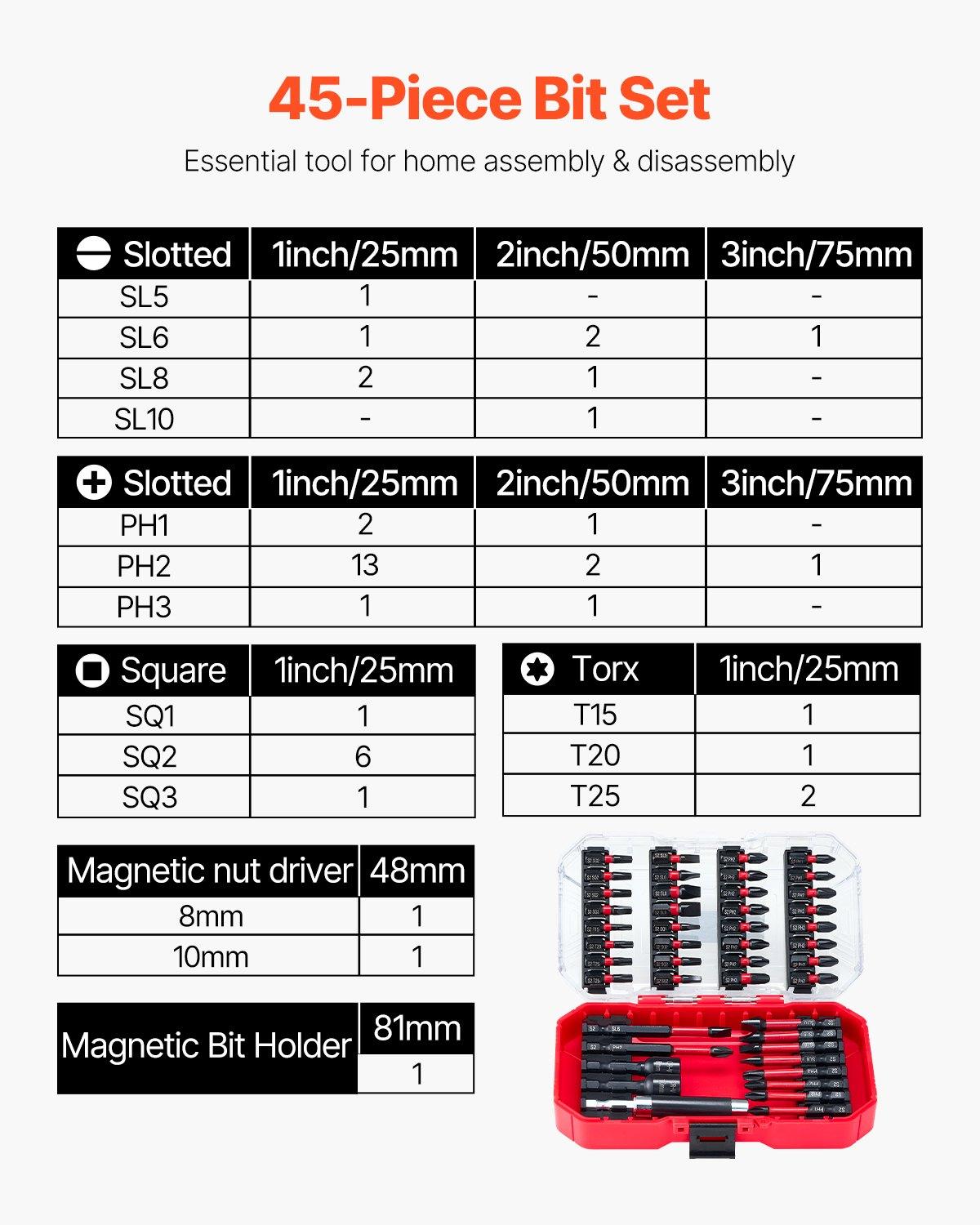 【DealsForYouDays】VEVOR 45-Piece High-Strength S2 Steel Magnetic Screwdriver Bits Set, with Magnetic Tip, Extension Rod, Transparent Storage Case - Rustproof Blackened Finish, Phillips, Slotted, Square, Torx Bits, Hex Nut Sockets, 45-Piece Kit, High-Streng