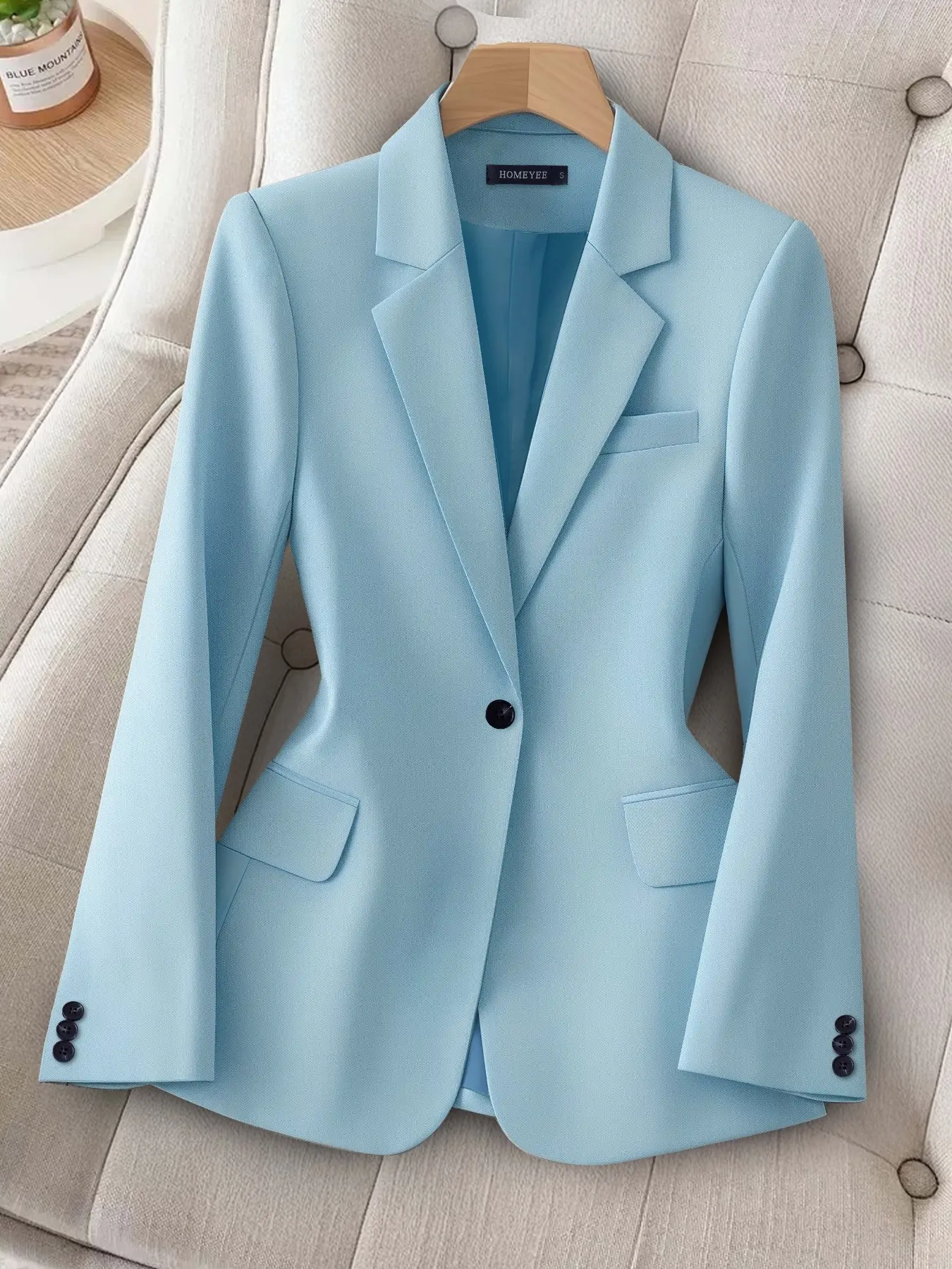 Women Light Blue Matte Twill Blazer, Office Style Blazer, Notched Lapel Single Black Button Slim Fit Suit Jacket, Tailored Waist with Flap Pockets, Decor Buttons on Cuffs & Back, Fully Lined Long Sleeve for Office, Job Interview, Business Meeting
