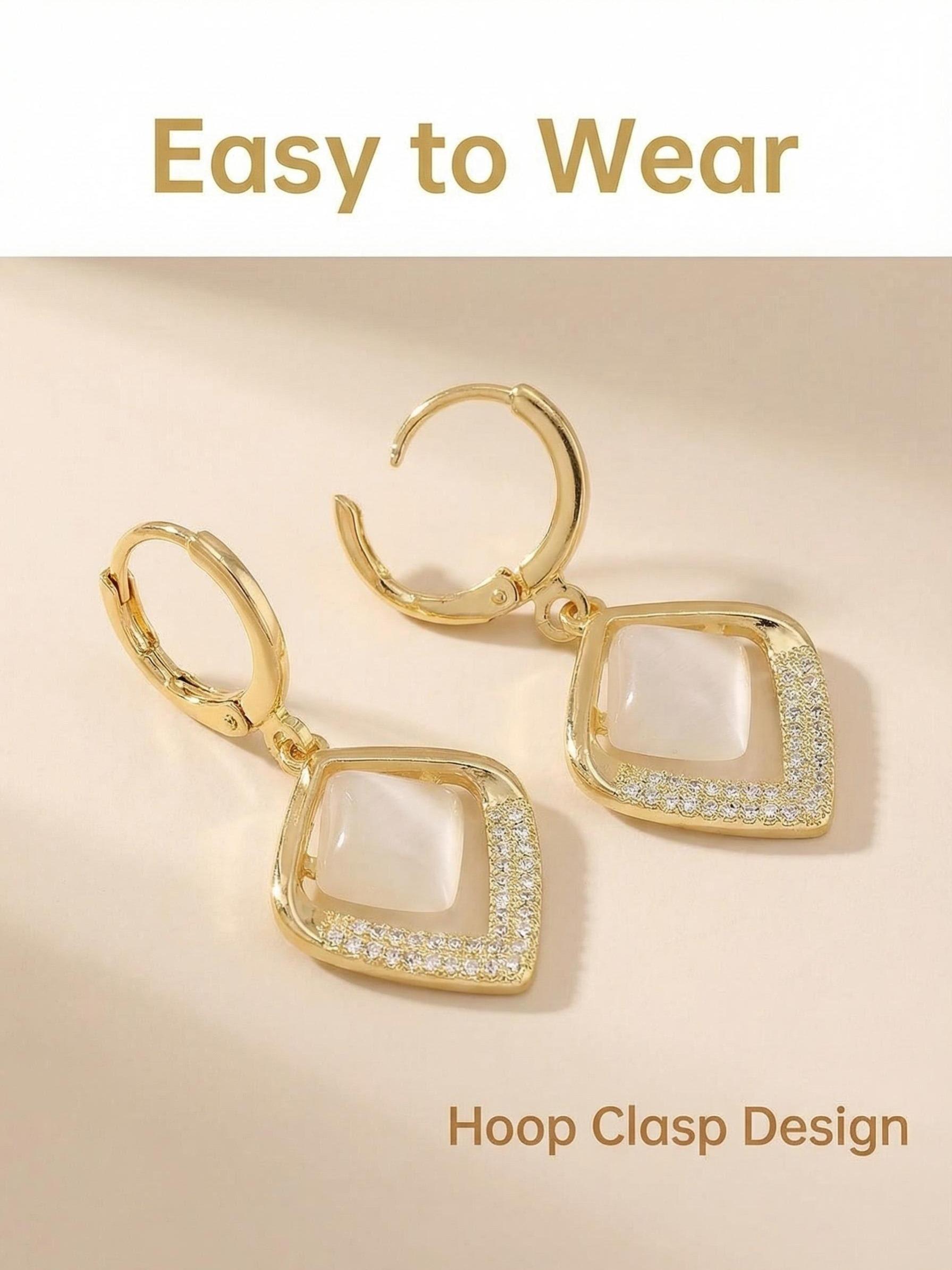 Geometric Rhombus Cat Eye Stone Zircon Earrings, Lightweight Luxury Commuter Jewelry, Versatile Ear Cuffs for All Occasions