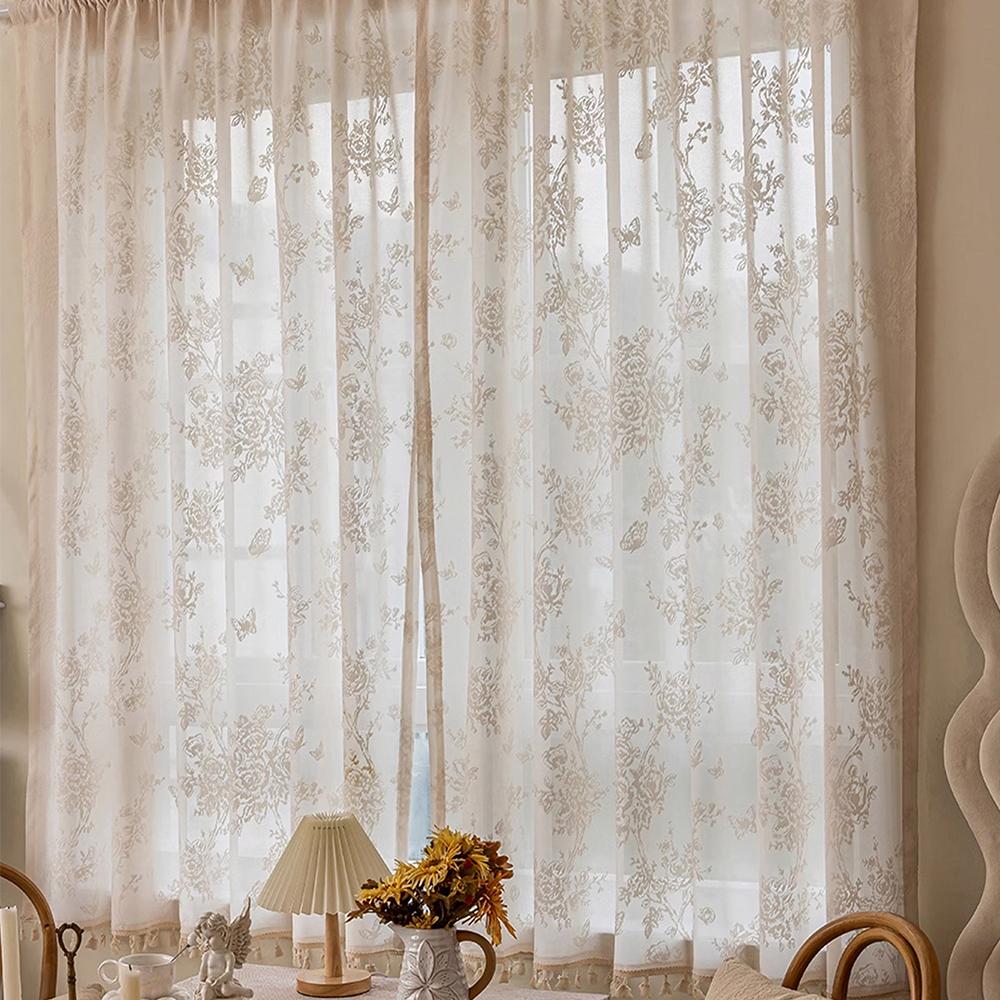 1pc Cream Hollow Mirror Sheer Curtain, Sun Protection Insulation UV Block, Universal for Living Room Bedroom Kids' Room, Rod Processing