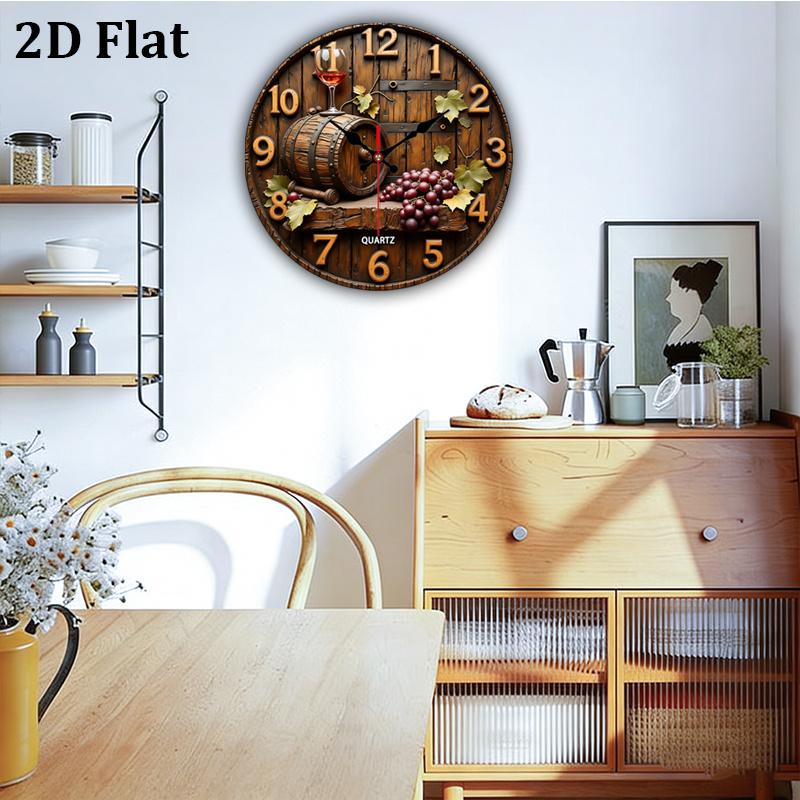 2D flat design. 1 piece set. Vintage Winery Wine Barrel Grape Wall Clock, Silent Decorative Wall Clock, Creative Wall Clock, Suitable for Bedroom, Living Room, Office Decoration, 25/30cm (excluding AA batteries), 2D Flat Version