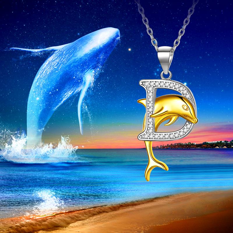 FindChic D Initial Letter Necklace with Dolphin Golden Pendant Necklace For Women Men