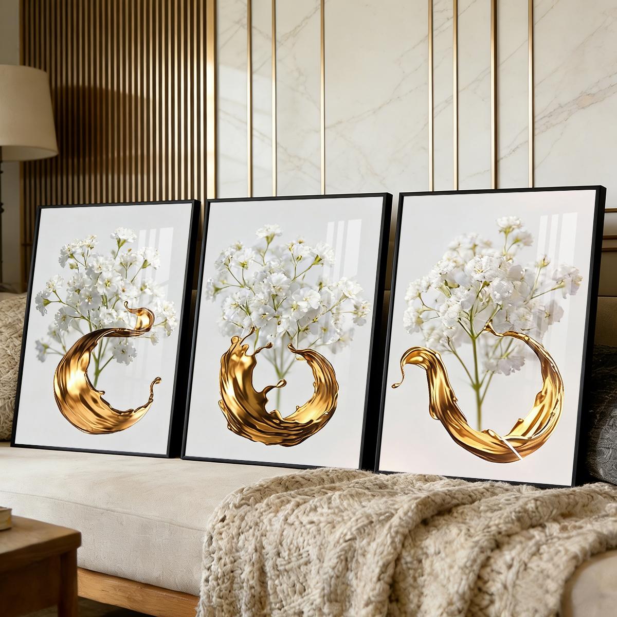 3 Counts Aluminum Alloy Framed Painting, White Flowers With Golden Liquid Art Pictures, Home Decoration For Living Room, Bedroom, Office, Restaurant, Hallway Wall Decor, Odorless Print Artwork, Luxury Perfect Gift For Friends And Family