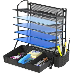 6-Tier Desk Document File Tray Organizer with Supplies Sliding Drawer, Black