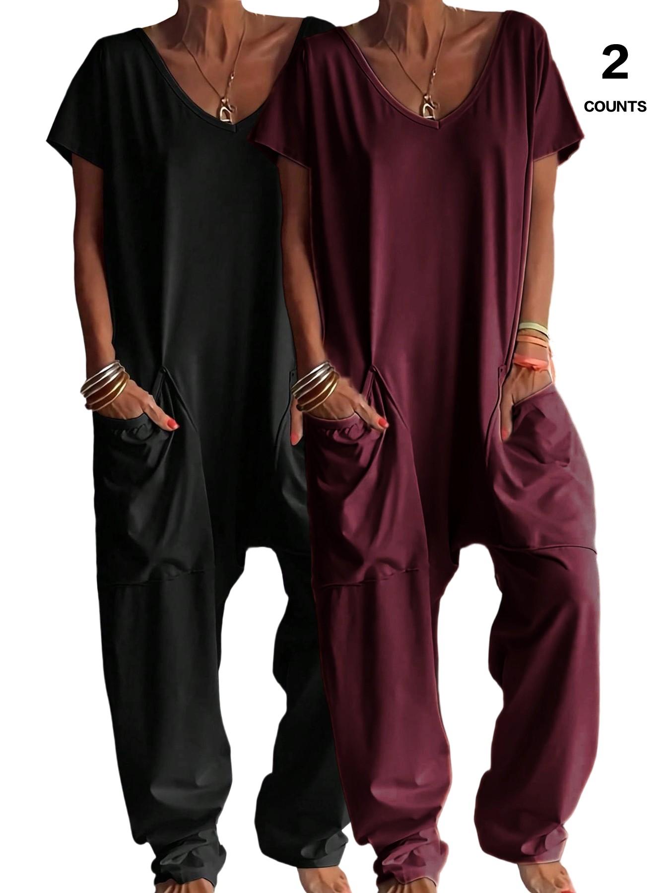 2026 Women's Casual Oversized Jumpsuit, Casual Jumpsuits, Short-Sleeve Batwing V-Neck Harem Pants With pockets, Loose Fit Wide Leg, Perfect for All Seasons, Stylish & Comfortable，Suitable for Daily Home Wear and Fashionable for Outings