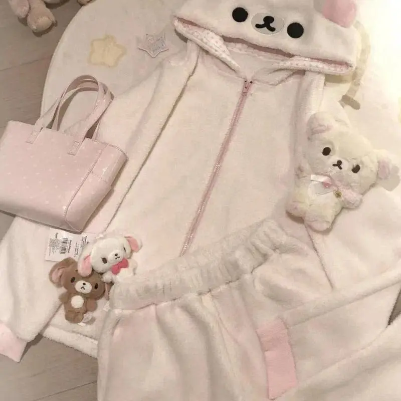 Rilakkuma Y2K Hoodie Pajama Set Cute Japan Bear Sleepwear Girls Fleece Lined Hooded Homewear Suit Autumn Winter Loungewear New