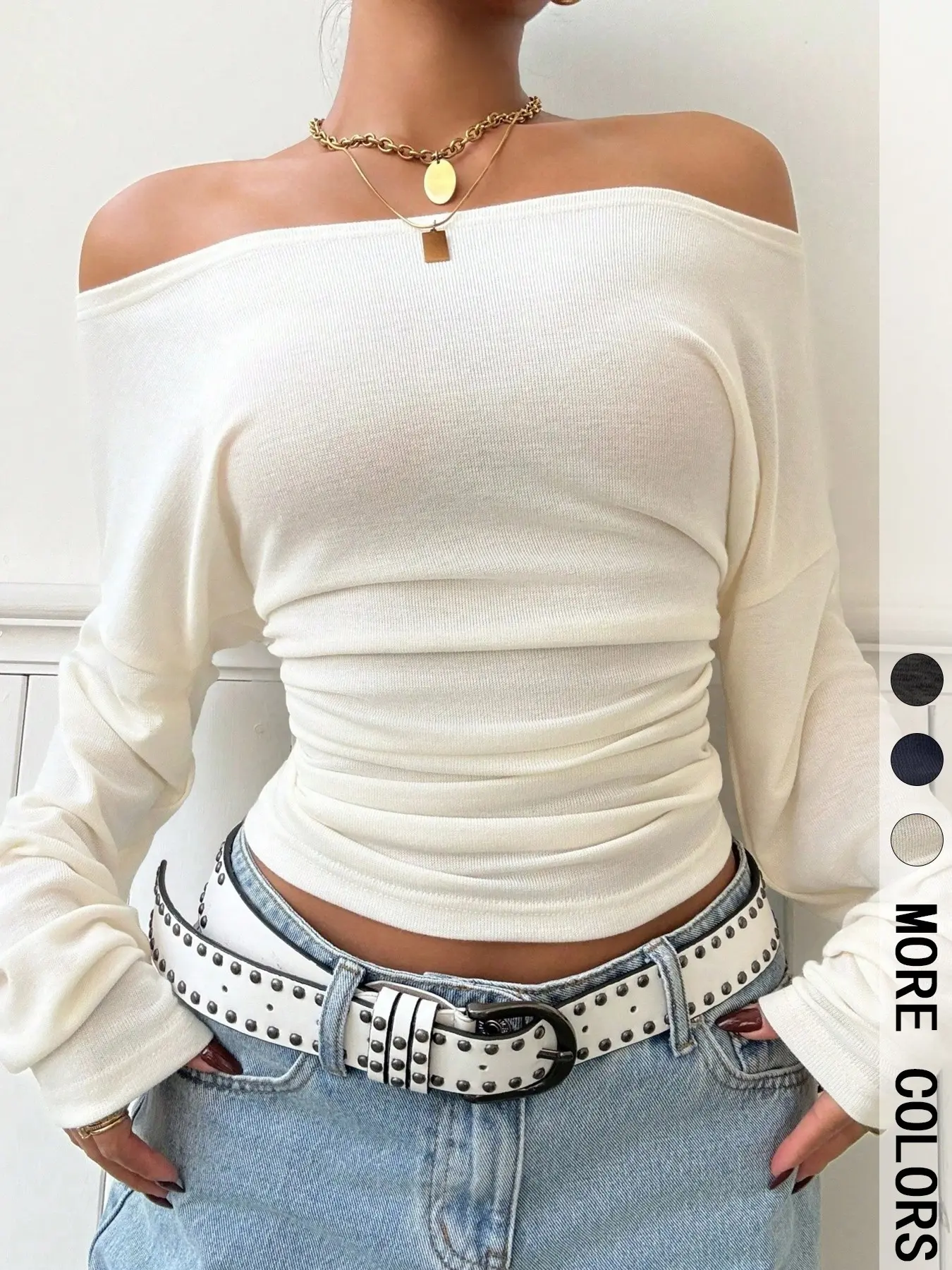 Women's Off-Shoulder Long Sleeve Short Top, Horizontal Stripe Ribbed Waist Slim Fit Shirt, Casual Layering Top for Dates, Streetwear, Vacation