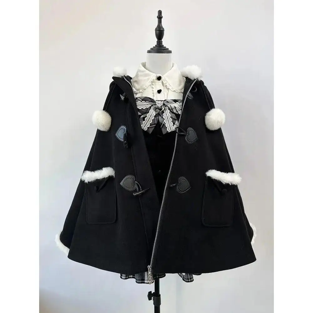 Y2K Kawaii Lolita Faux Fur Pom Pom Hooded Wool Cape Coat Women 2026 Heart Toggle Button Winter Warm Outerwear Petite Streetwear