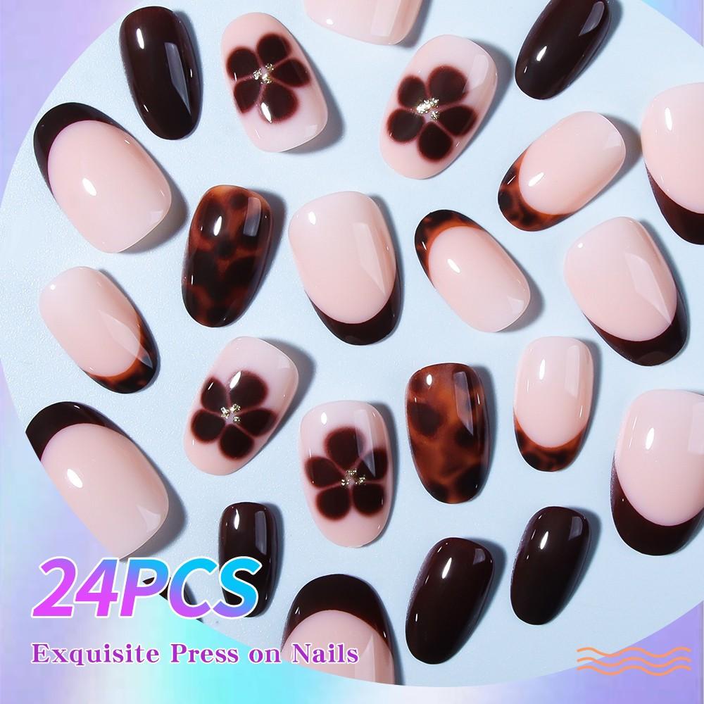 24pcs Oval Press-On Nails, Leopard French & Flower Designs, Autumn Winter Acrylic False Nails Set, Easy Wear for Women and Girls