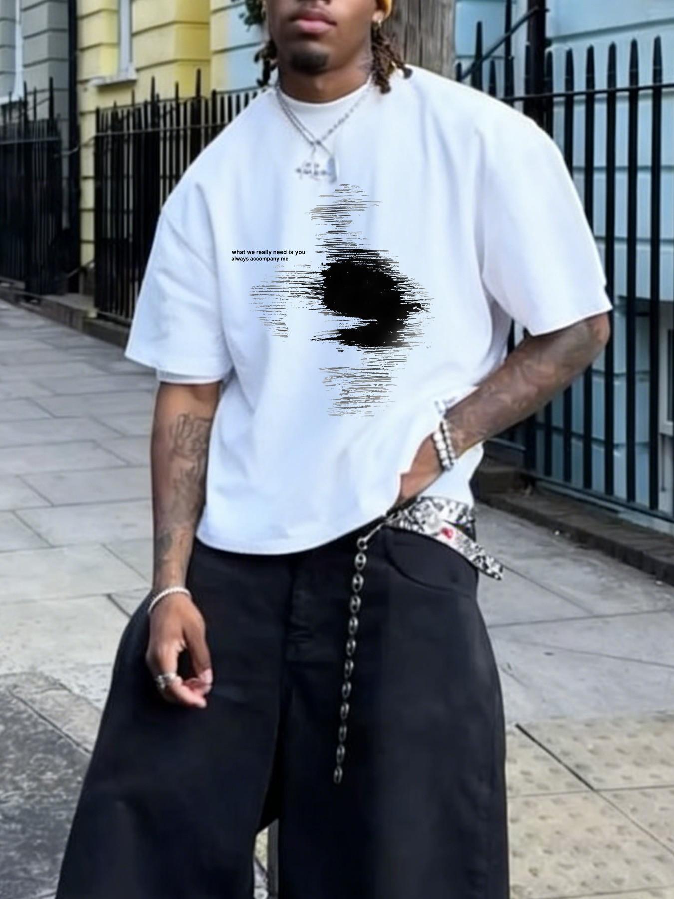 Men's Casual Patterned Short Sleeve T-Shirt, Streetwear Style, Drop Shoulder Design, Lightweight Fabric, Ideal for Daily Wear and Layering