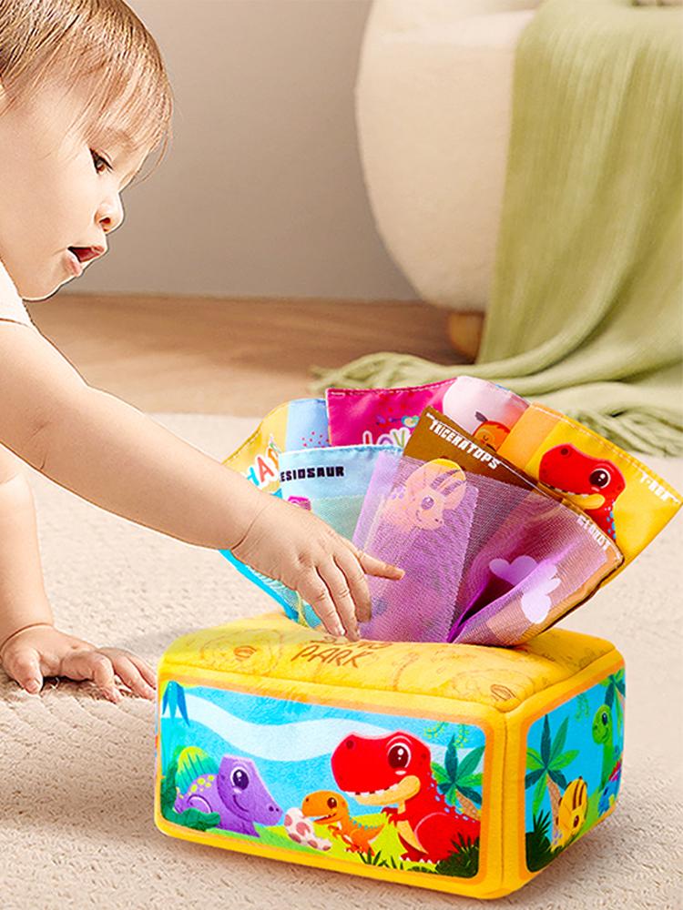 1count Baby Tissue Box - Montessori Infant Toys 5 Months Baby Tissue Box Learning Toy, Infant And Toddler Educational Toys With 3 Rattle Cloths And 10 Saran Wraps