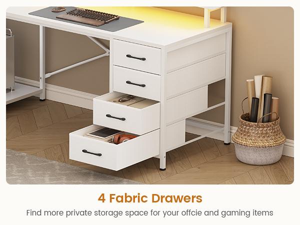 SEDETA 47.2 Inch L Shaped Desk with 4 Drawers and Storage Shelves L Shaped Gaming Desk with LED Lights Power Outlets