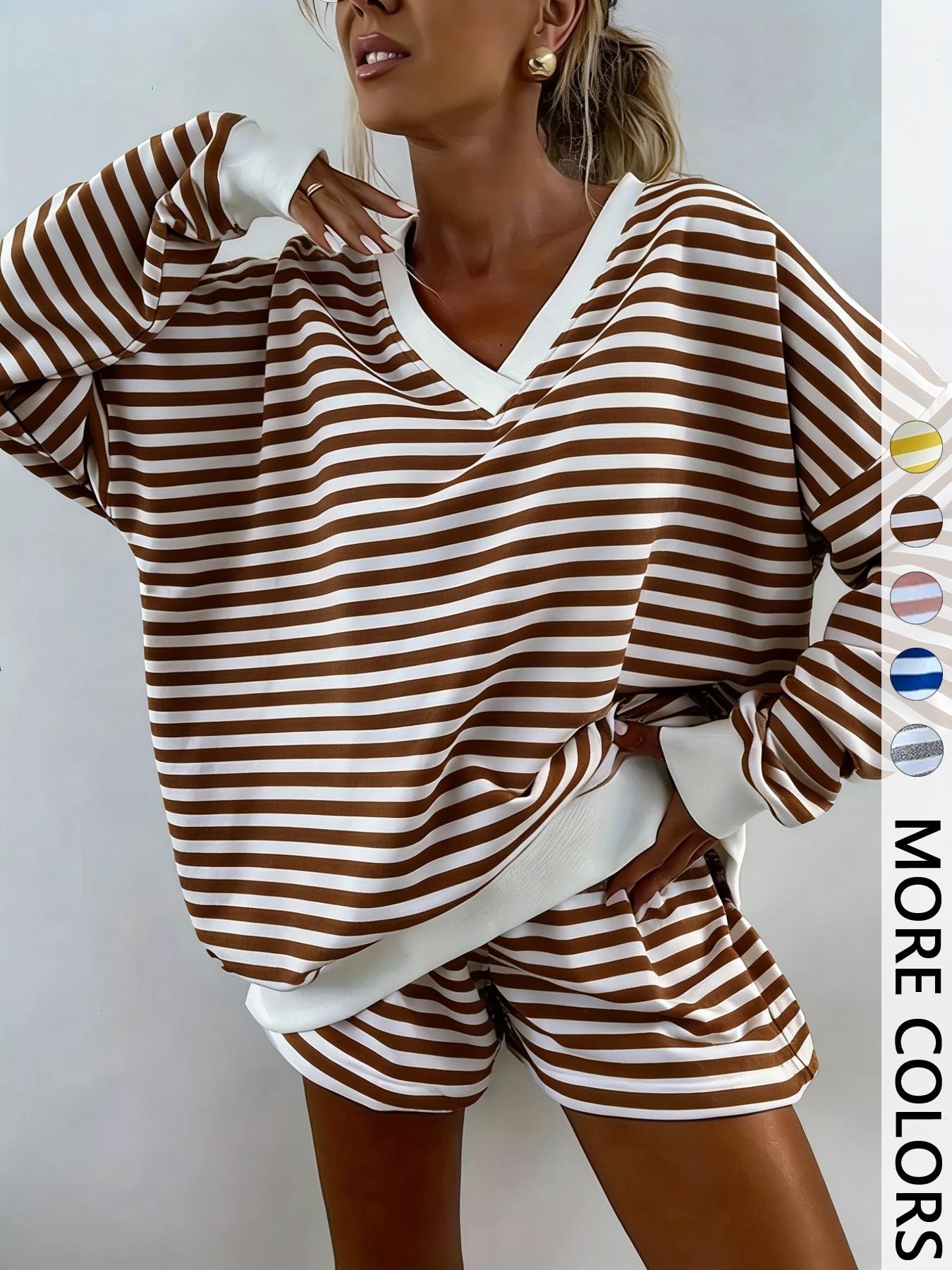 Women's Striped Print Long Sleeve Tee & High Waist Shorts Two-piece Set, Casual Round Neck Top & Shorts for Spring & Fall, Women's Clothes for Daily Wear