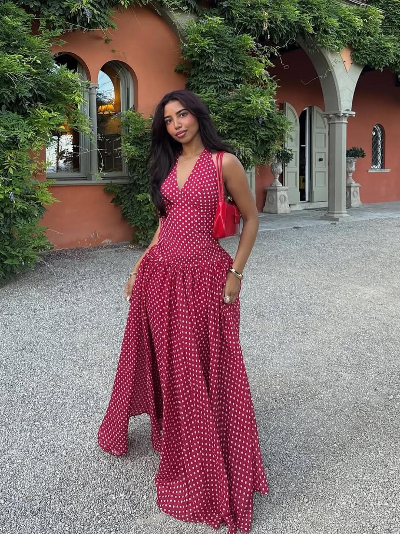 Elegant Vintage Polka Dot Halter Deep V Neck Backless Tie Waist Fitted Dress, Pure Color Retro Style, Women's Fashion Party Dress