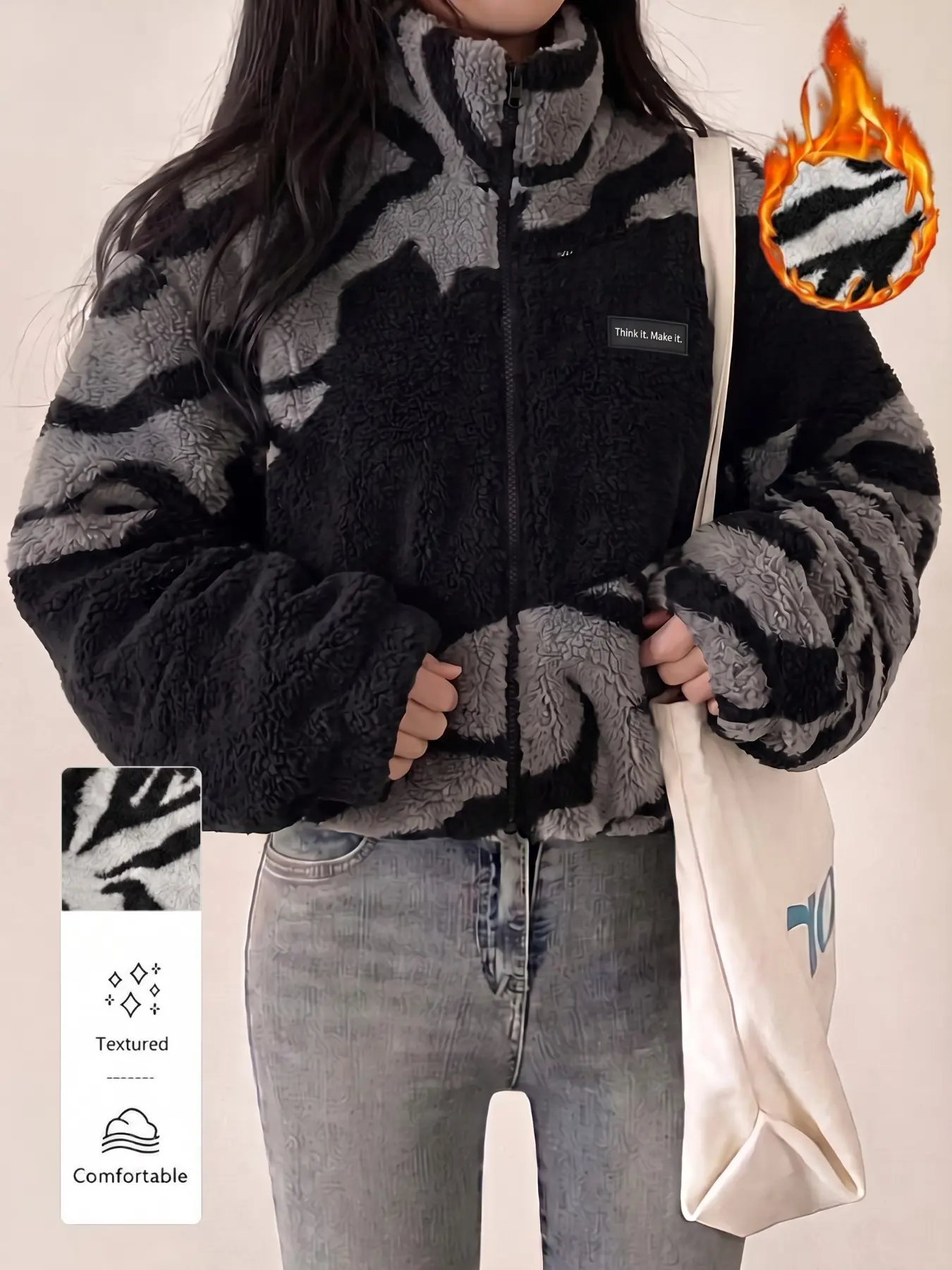 Women Top Zebra Stripe Sherpa Fleece Zip Up Jacket Stand Collar Loose Cropped Teddy Coat Thick Warm Plush Long Sleeve Outerwear Y2K Streetwear Contrast Black Grey Pattern Casual Winter Windproof Soft Fluffy Oversized Fleece Jacket Daily Trendy Warm Coat