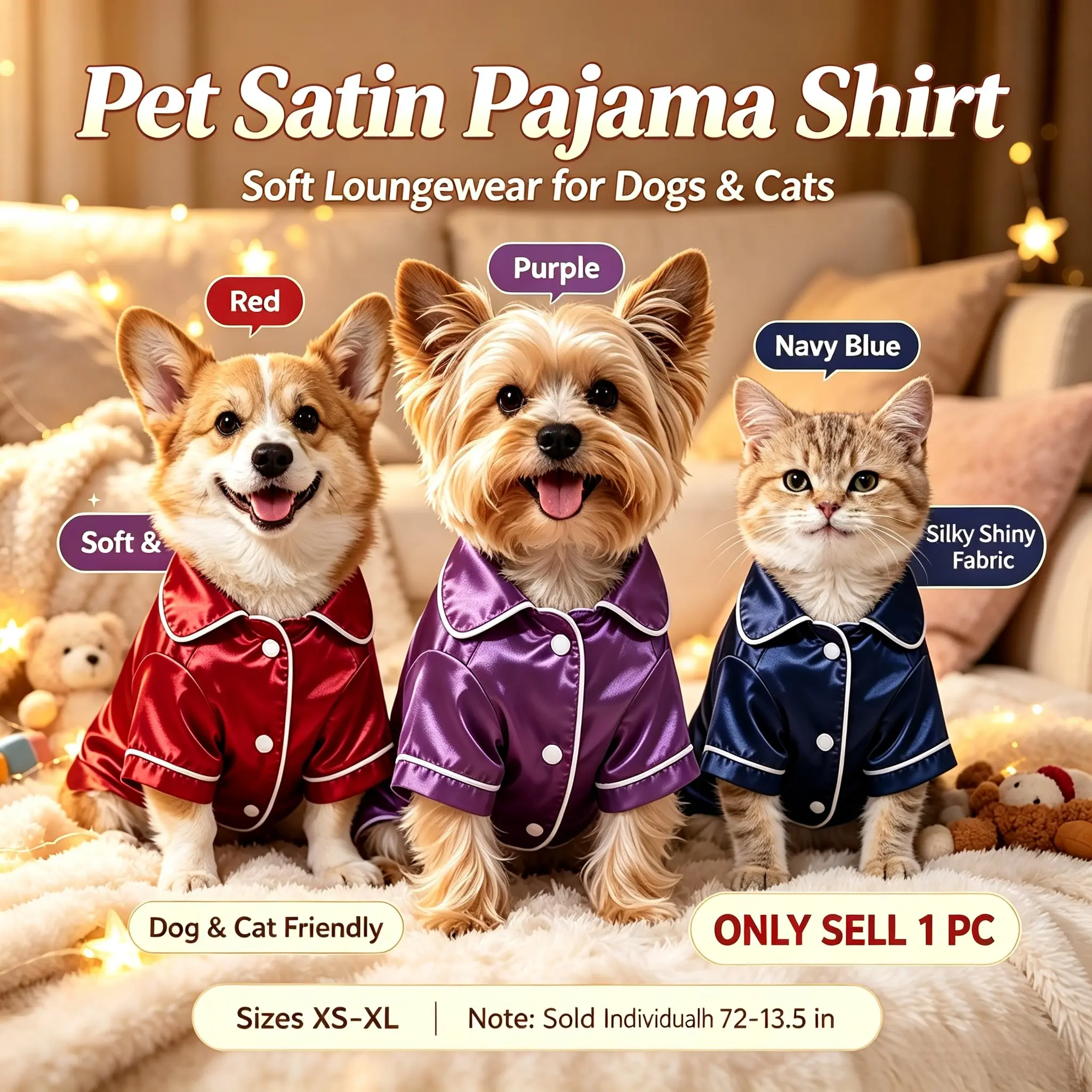 Smooth Satin Pet Loungewear Pajamas, Puppy Clothes, Casual Sleep Shirts for Puppies, Kittens, Small & Medium Dogs Cats, Hair & Stain Resistant Indoor Clothes, Back Length 7.2-13.5 Inches, Sizes XS-XL, 3 Colors Available, Sold Individually