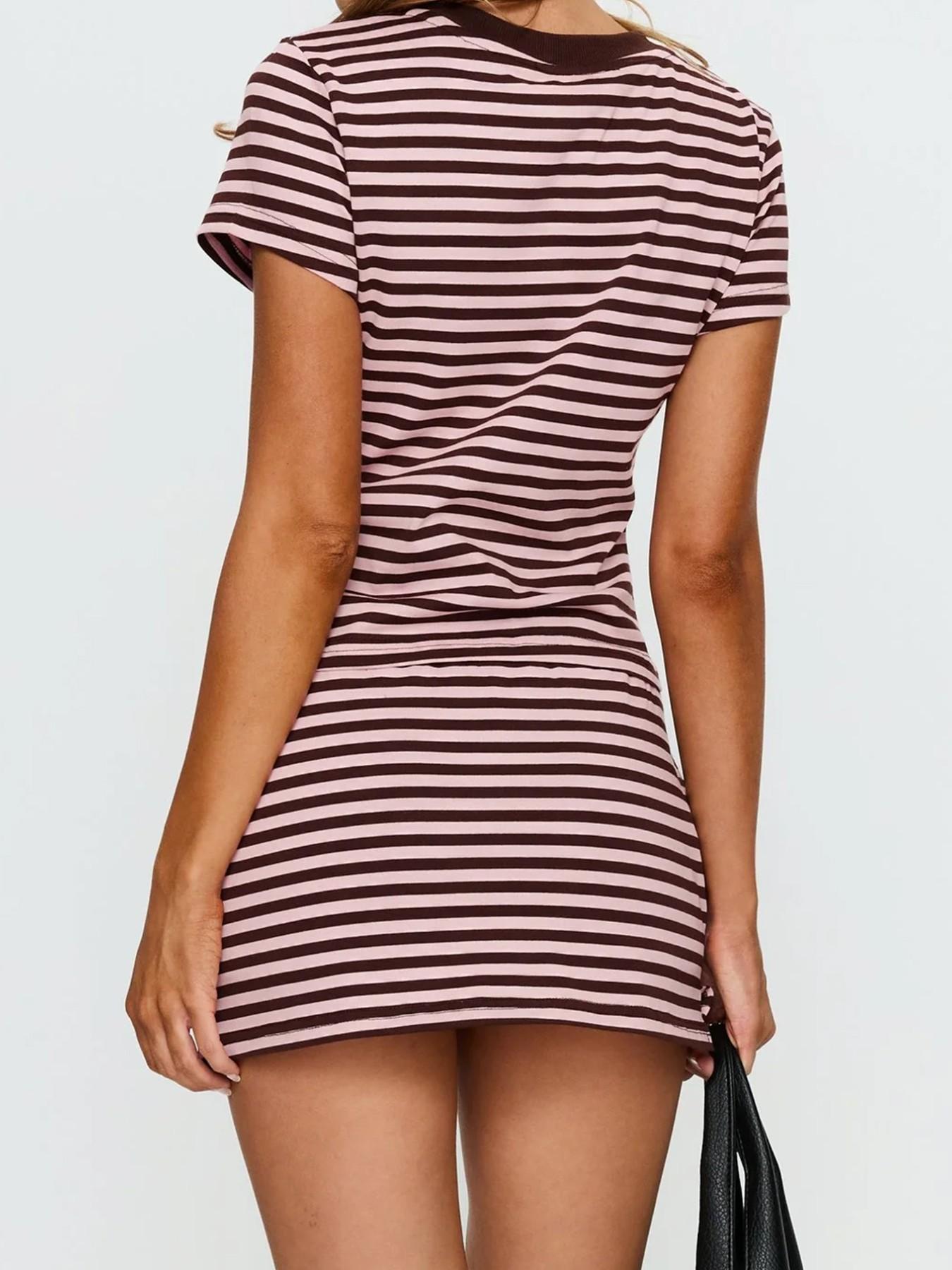 Soft Stretch Striped Casual Two-Piece Set, Slim Fit Short Round Neck T-Shirt & High Waist Adjustable Drawstring Skirt, Versatile Home & Tee