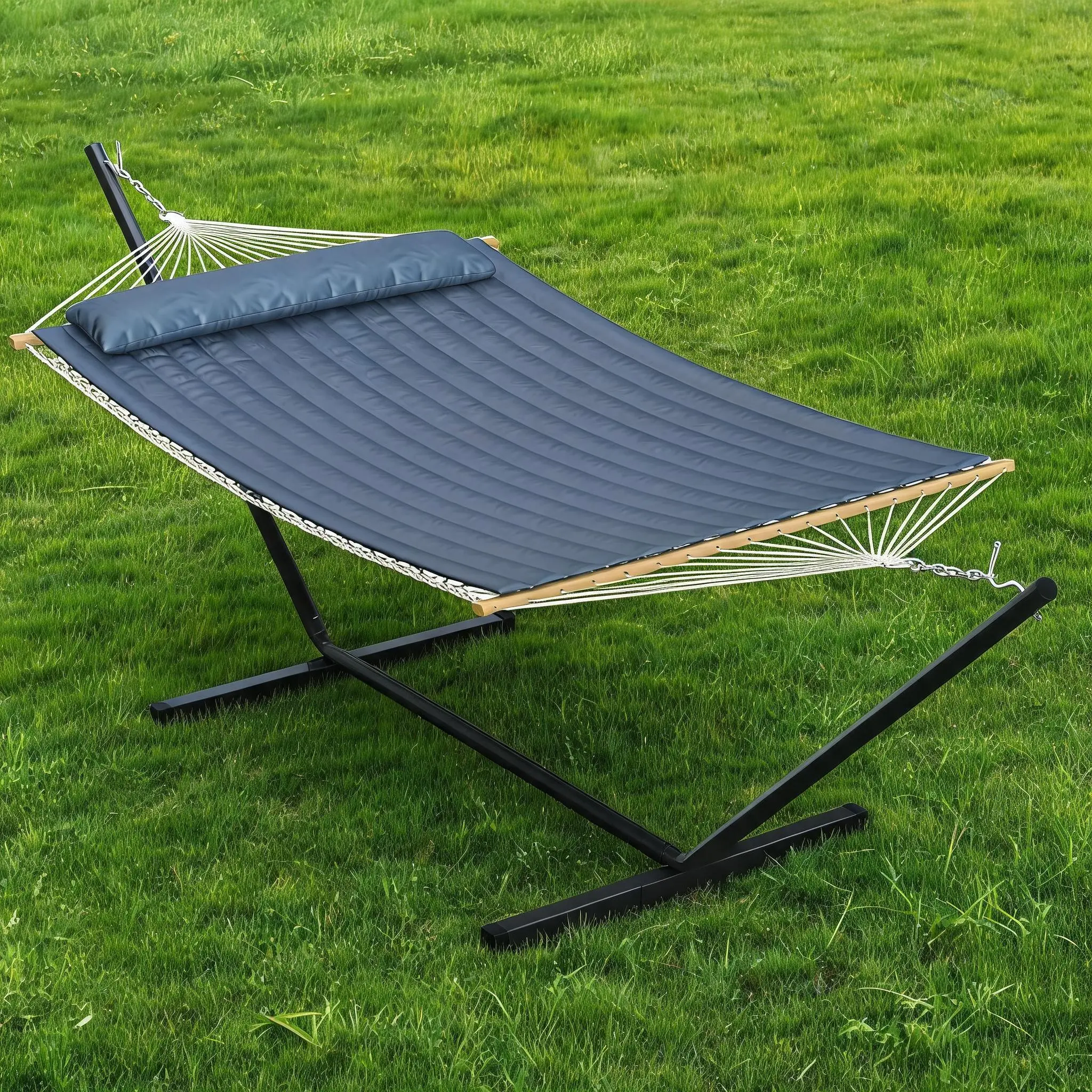 Double Hammock with Stand Quilted Pad and Pillow for Garden Patio