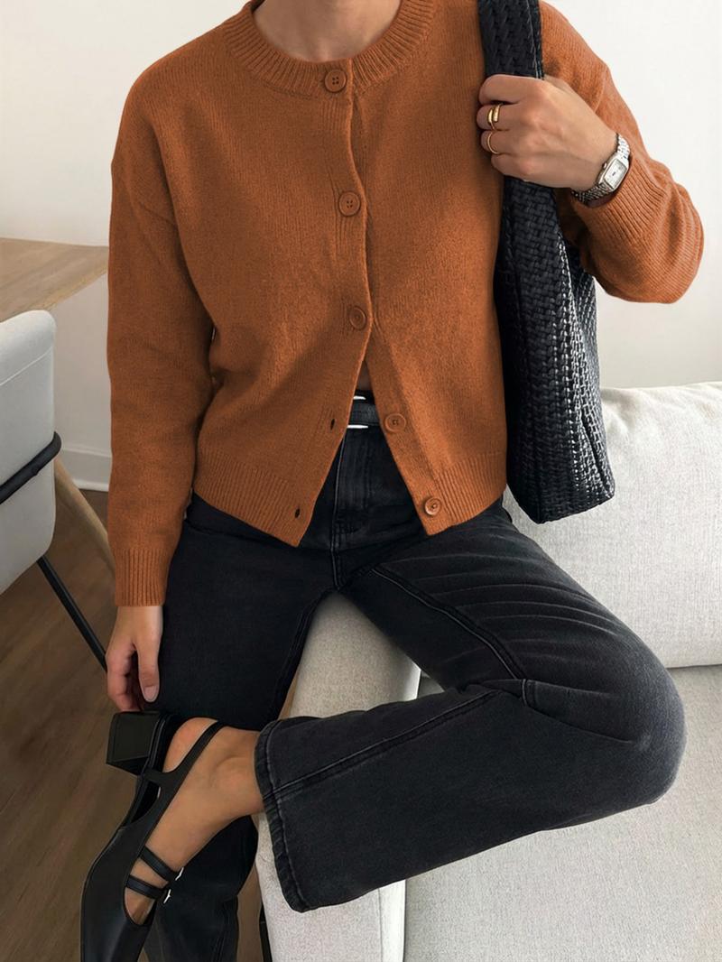 Autumn Winter Women's Casual Knit Cardigan, Elegant Vintage Round Neck Sweater, Simple Lazy Style, Long Sleeve Pullover