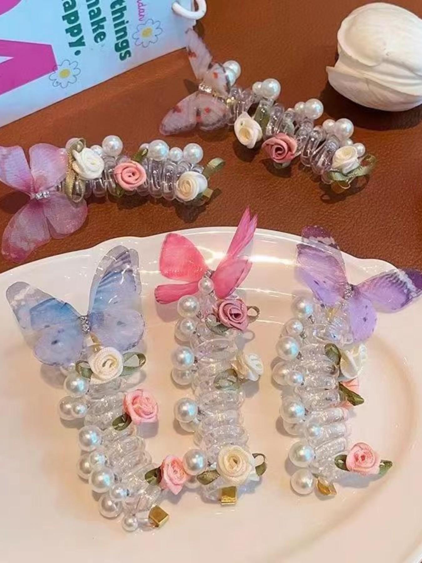 New Mesh Butterfly Pearl Hair Tie, Cute Round Bead Flower Butterfly Phone Line Braided Bubble Braid Hair Rope, Girls' Headwear for Daily Use