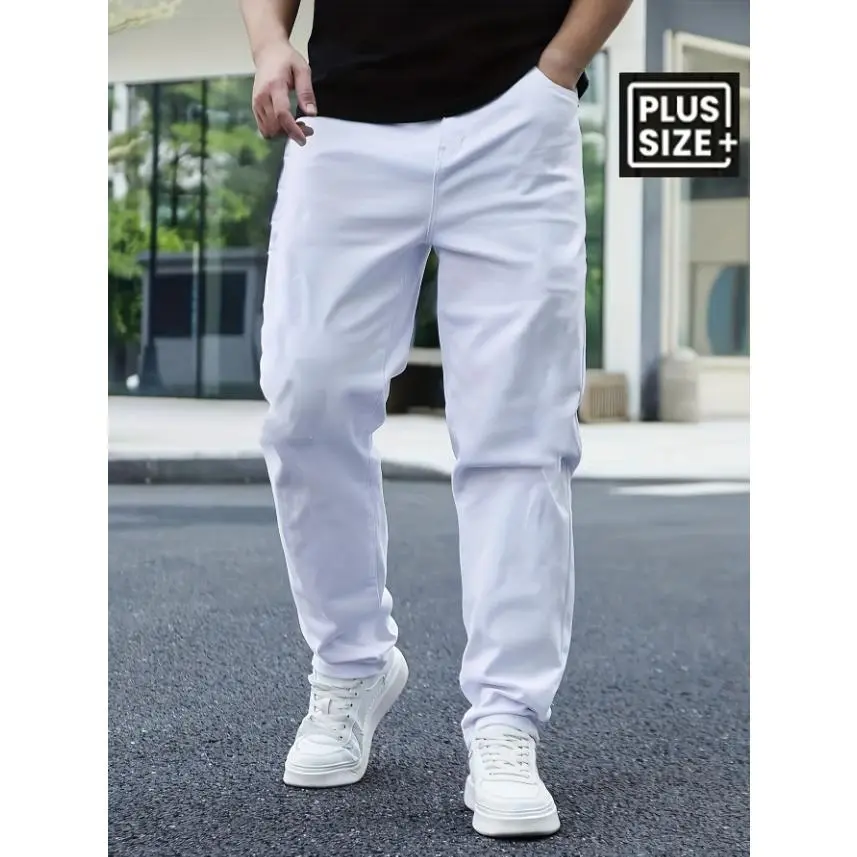 Men's Plus Size Cotton White Jeans Straight Leg Loose Fit Casual Solid Color Denim Pants