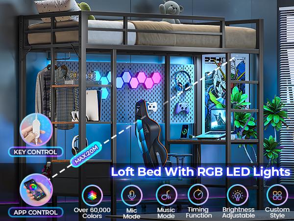 Hasuit Twin Size Loft Bed with Desk & Charging Station Metal Frame LED Lights 4 Storage Shelves 2 Fabric Drawers Safety Guard Clothes Rail Ladder for Students Assembly Required Hasuit Twin Size Loft Bed with Desk & Charging Station Metal Frame LED Lights 4 Storage Shelves 2 Fabric Drawers Safety Guard Clothes Rail Ladder for Students Assembly Required