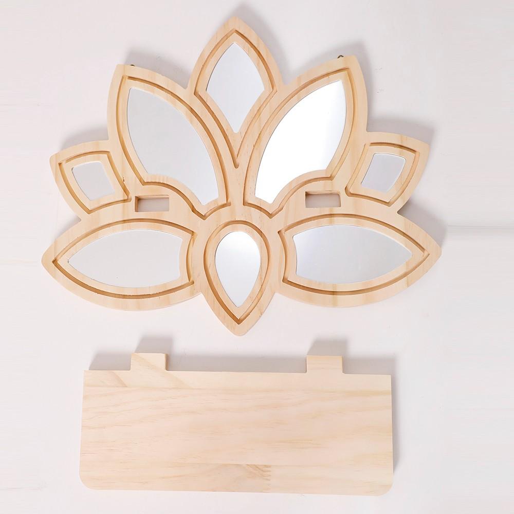 1pc Lotus Flower Wooden Wall Shelf with Mirror, 13.18" Boho Floating Shelf, Rustic Decor for Living Room, Bedroom, Bathroom, Yoga Room