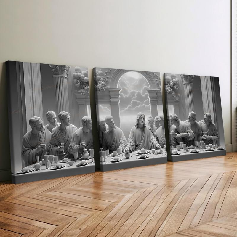 3-Piece Wooden Framed Canvas Art Set, & Last Supper Religious Theme Poster, Modern Home Decor Wall Art, High-Definition Print