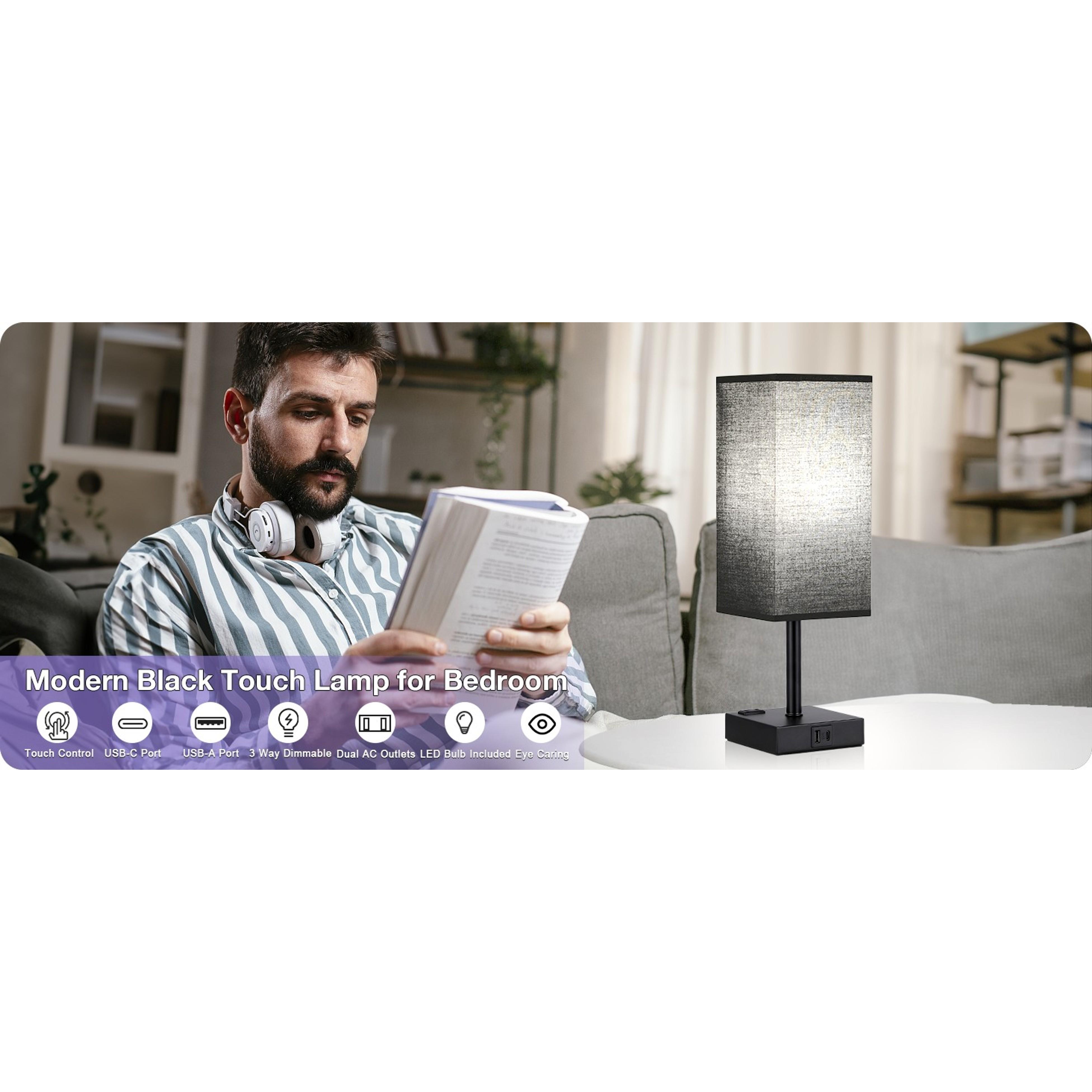 Black Lamp for Bedroom-Touch Lamp with USB-C+A and AC Outlets,3 Way Bedside Nightstand Square Table Lamp for Kids, Guest Room Living Rroom,Office, 800 Lumens 5000K Daylight Bulbs Included