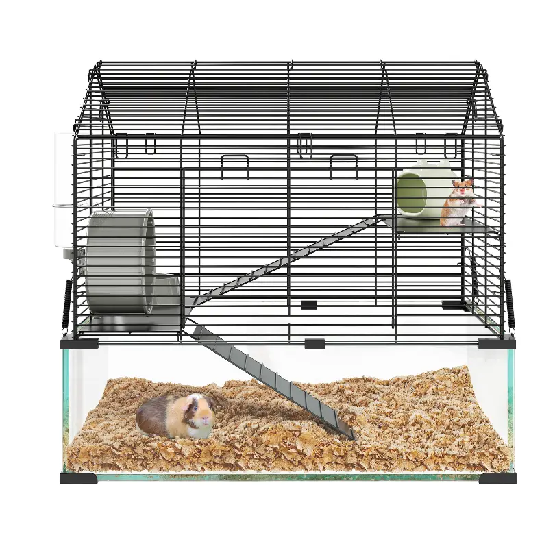 Spacious 3-Tier Hamster Cage - Deep Tempered Glass Bottom, Silent Spinner Wheel, Chew-Proof Water Bottle - Multi-Level Small Animal Habitat for Syrian, Dwarf Hamsters, Gerbils, Mice, Rats, Black - Ideal for Apartments
