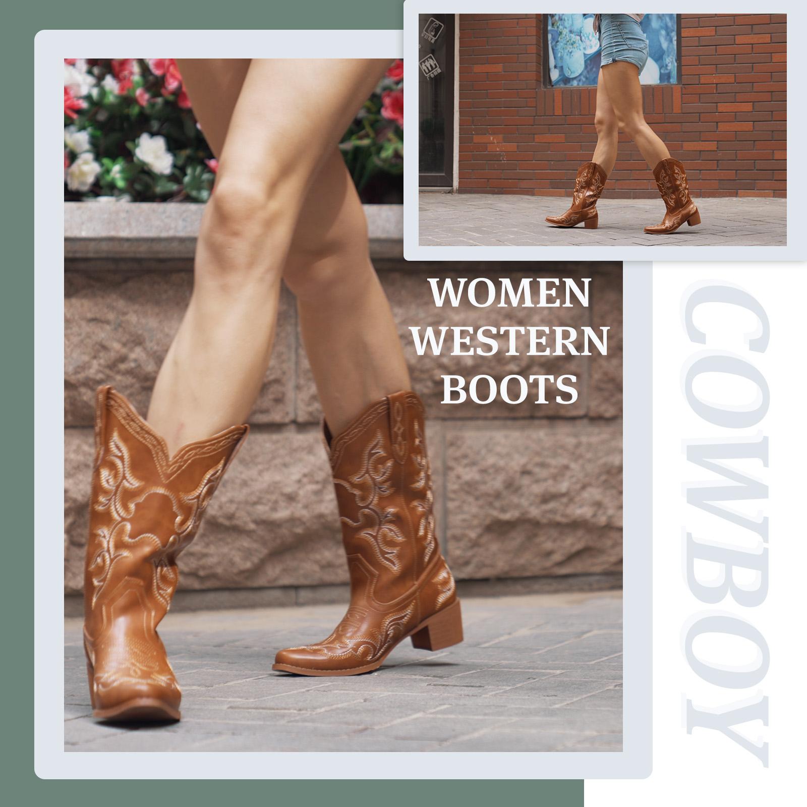 IUV Cowboy Boots For Women Western Style Embroidered Pointy Toe in Black PU Leather 2.0 Inches Heel Comfortable Synthetic Lining Slip-On Design