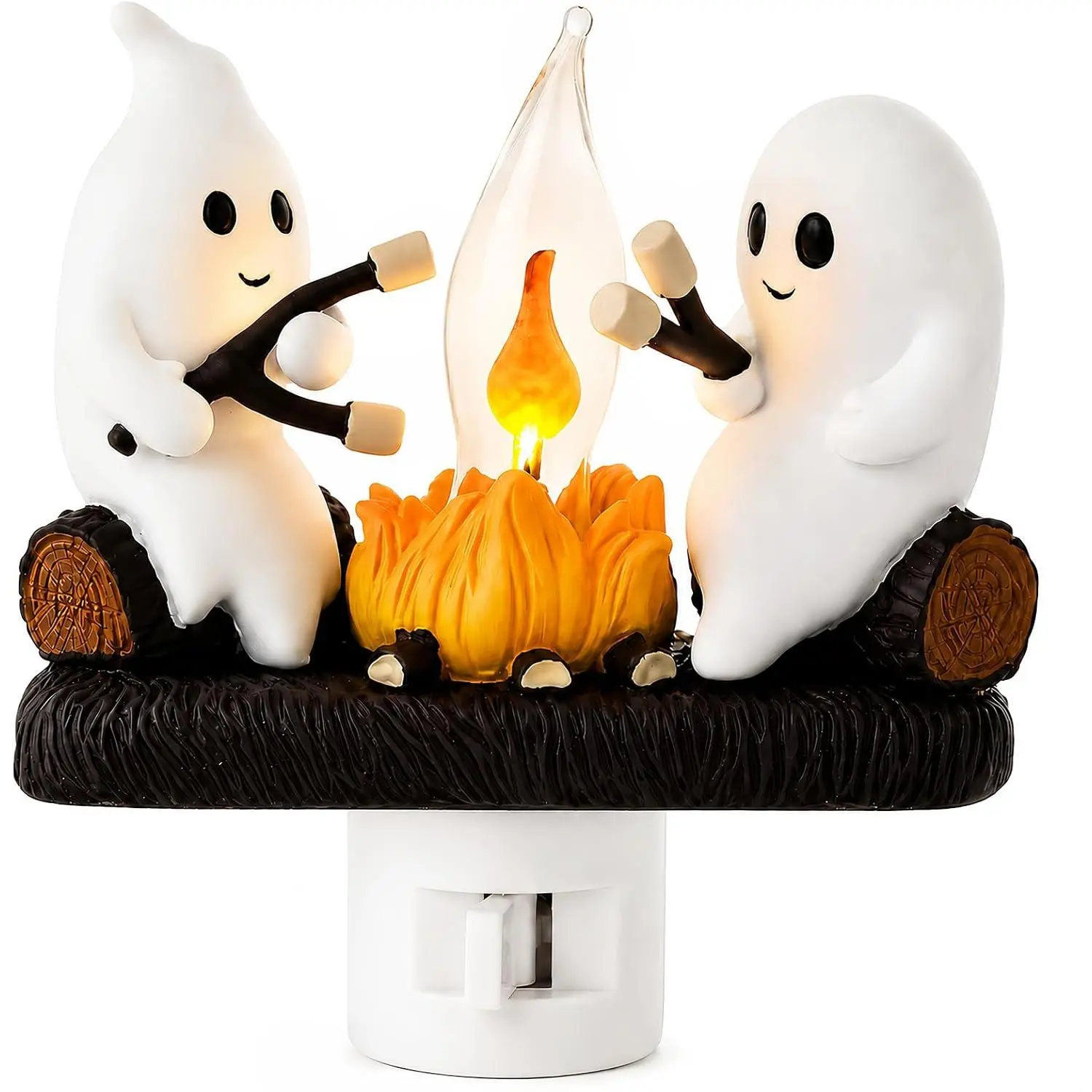Ghost Campfire Night Light, 3D Halloween Plug-In Wall Nightlight with Flickering Flame, Cute Marshmallow Ghost Decor for Bedroom, Kids Room, Home & Halloween Parties