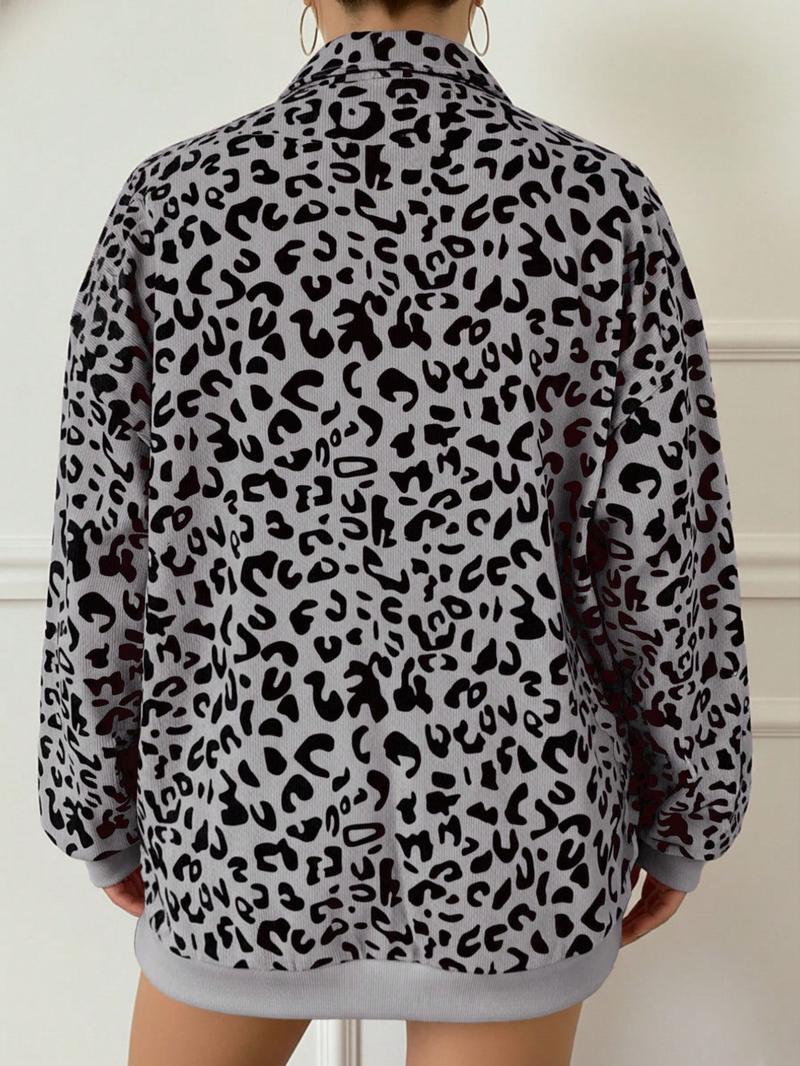 Plus Women Leopard Print Long Sleeve Casual Sweatshirt – Half-Zip V-Neck & Puff Sleeves Design, Perfect for Y2K Grunge or Casual Lazy Vibes, Soft Knit Fabric with Contrast Trim