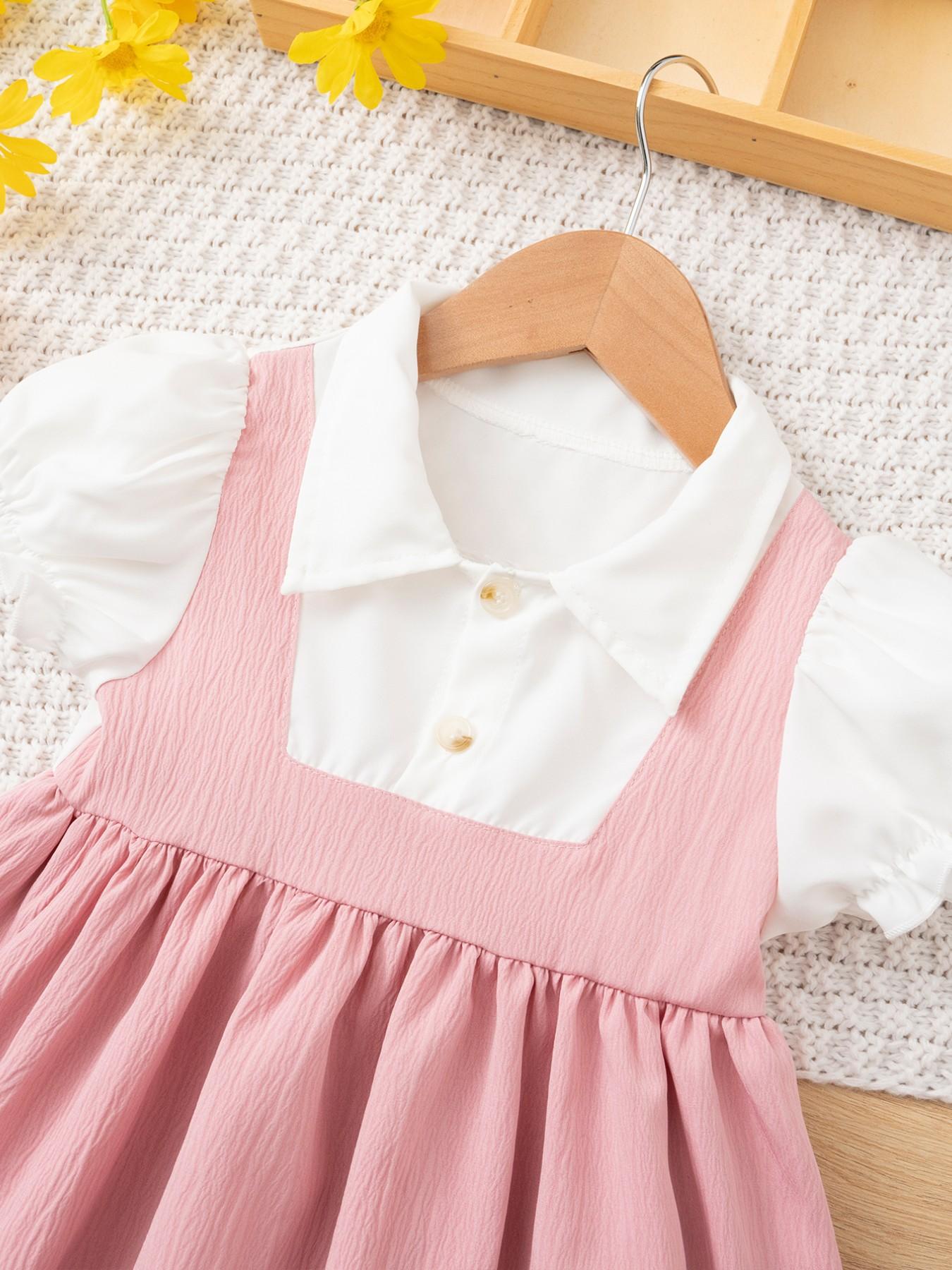 2pcs Girls' Summer Fashion Dress, Frilled Dress, Solid Colored Dress, Pure Color Princess Style, Sweet and Cute Design, Lapel Collar, Casual Wear for Kids