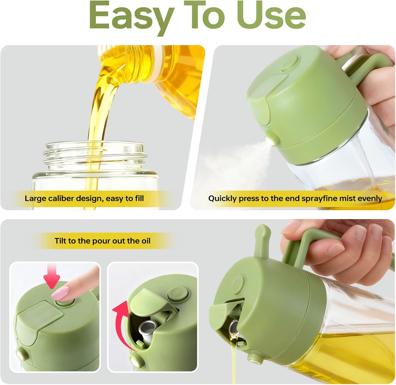 3Pack Kitchen Glass Oil Sprayer - 16oz/470ml 2 in 1 Dispenser Portion Control for Air Fryer BBQ Frying (Black+Green+White)