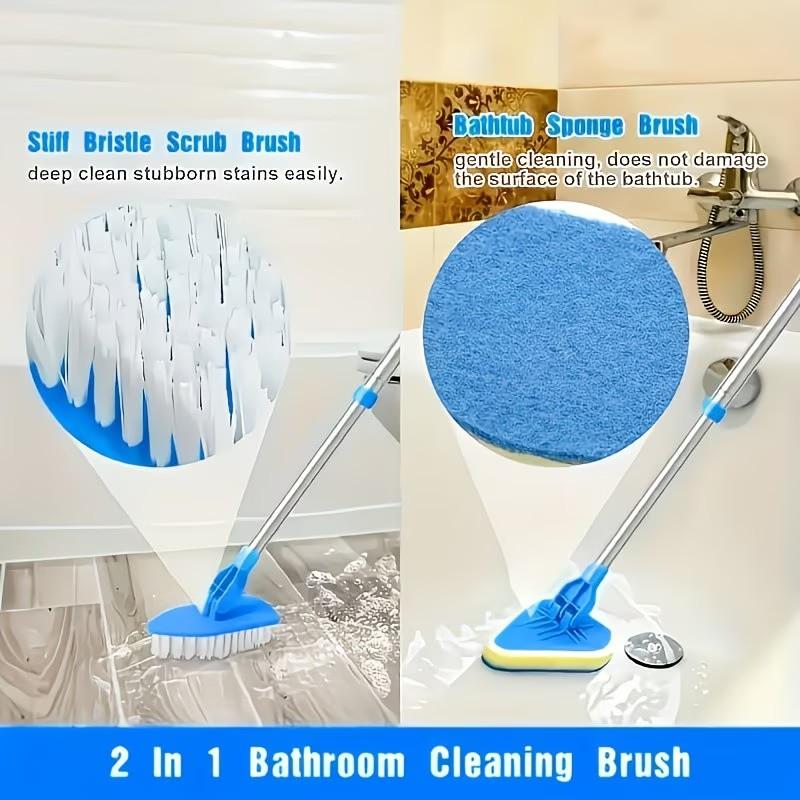 34" Extendable Tub & Tile Scrub Brush Set, 2-In-1 Shower Cleaner, Stainless Steel Handle, 3 Sponge Heads, Non-Scratch Cleaning Tool