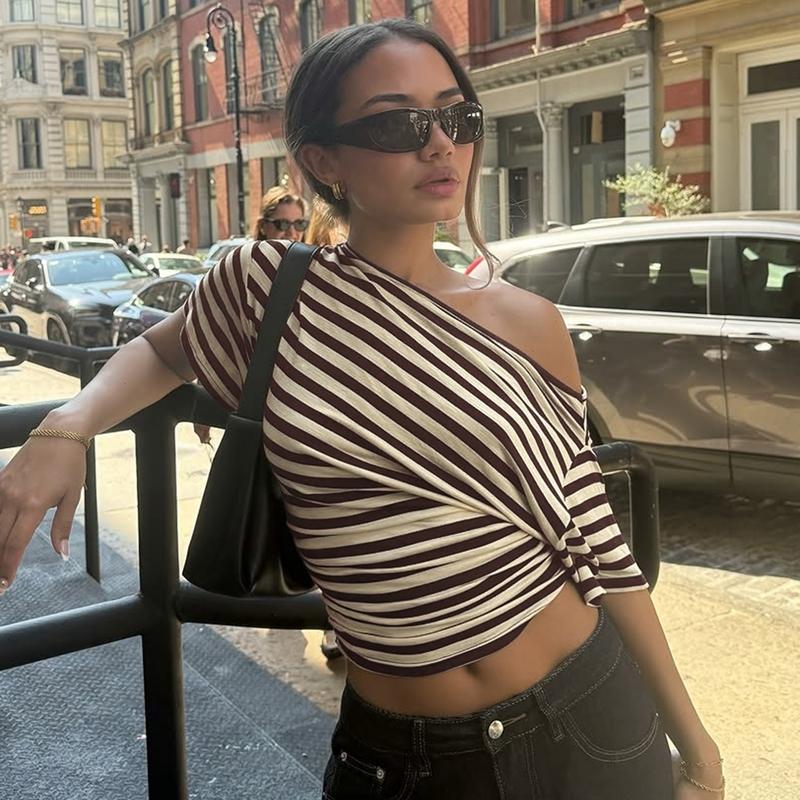 Women Summer Fashion Short Sleeve Asymmetrical One Shoulder Striped Asymmetric Hem T Shirt Tops Tee Casual Daily Tops Women Summer Fashion Short Sleeve Asymmetrical One Shoulder Striped Asymmetric Hem T Shirt Tops Tee Casual Daily Tops