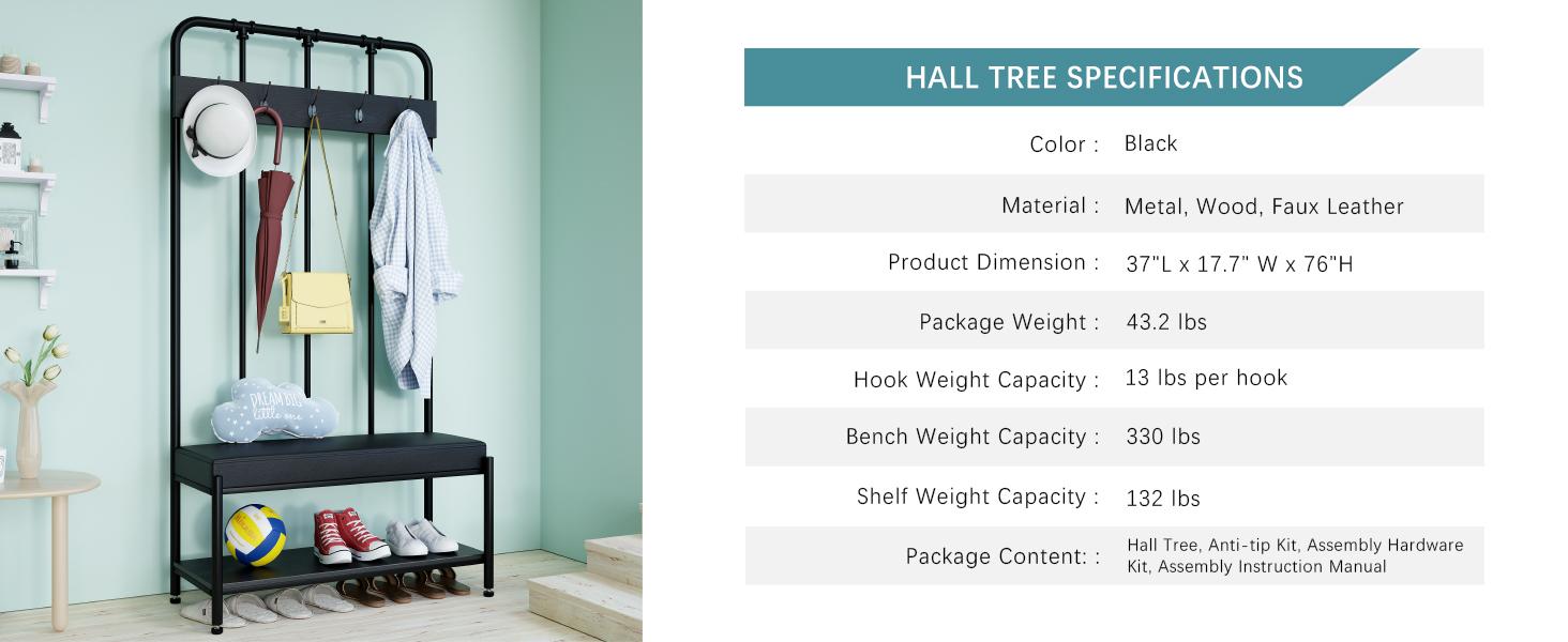 HOOMIC Coat Rack Shoe Bench/Entryway Hall Tree with Shoe Storage/Freestanding Coat Hanger Organizer with 5 Hooks & Faux Leather Seat Cushion/Industrial Accent Furniture with Metal Frame,No Box Spring Needed