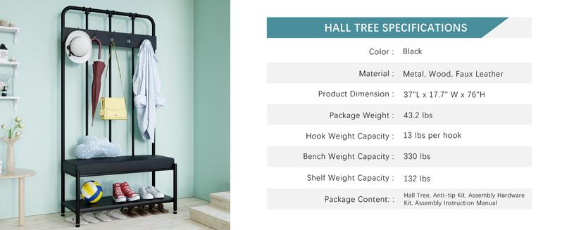 HOOMIC Coat Rack Shoe Bench/Entryway Hall Tree with Shoe Storage/Freestanding Coat Hanger Organizer with 5 Hooks & Faux Leather Seat Cushion/Industrial Accent Furniture with Metal Frame,No Box Spring Needed
